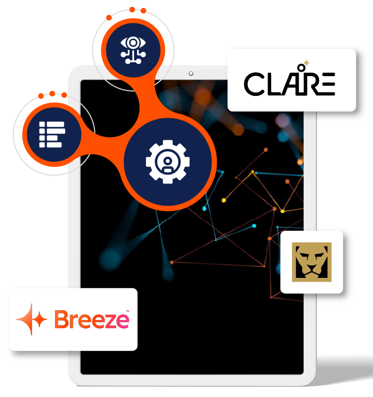 Tablet showing a network of connected data points, linked to CLAIRE, Breeze and Modern Visual